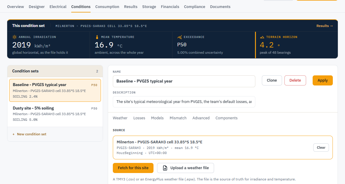 Condition sets page with Weather, Losses and Models tabs and no geometry fields