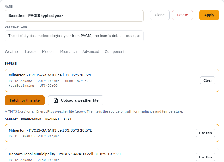 Weather tab: attached year, Fetch for this site, upload, and nearby downloaded cells