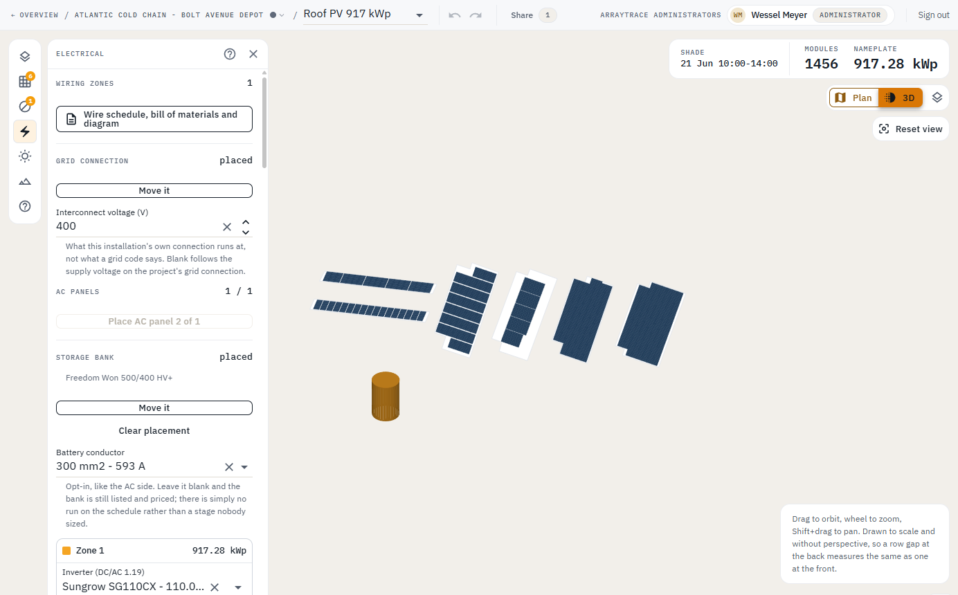 Orthographic 3D view of the warehouse arrays for checking row gaps and clearance