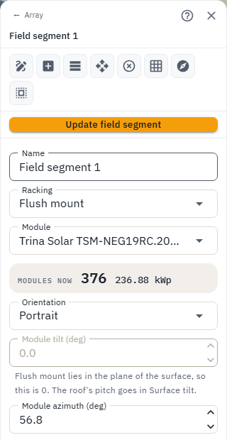 Field segment racking, tilt and azimuth fields on the Array rail