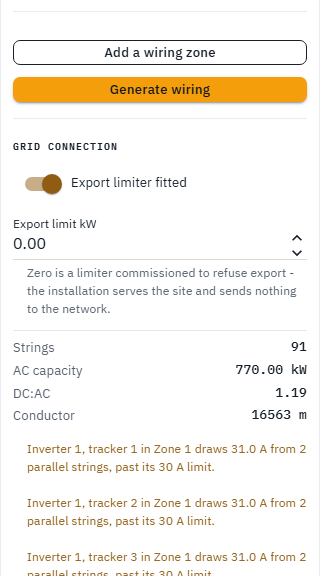 Electrical rail after Generate wiring on the warehouse design: strings, AC capacity, DC:AC and conductor metres, with the issues beneath