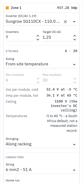A wiring zone on the Electrical rail: its inverter and count, string sizing from site temperature, and conductors