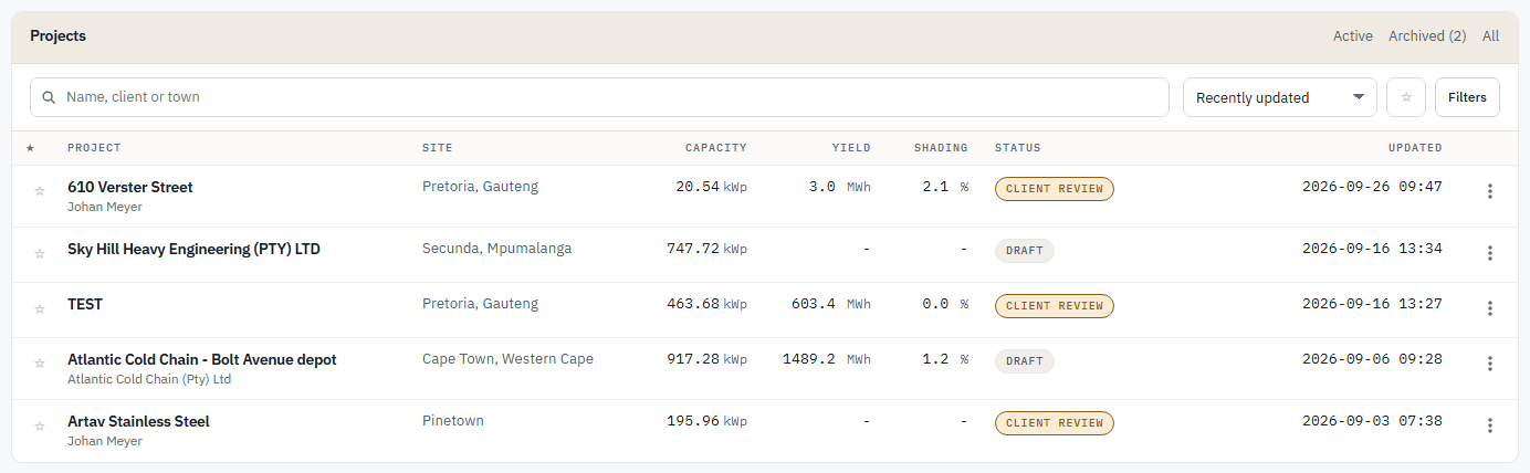 Projects list with search, sort, the starred filter and Filters, and each project's capacity, yield, shading and status