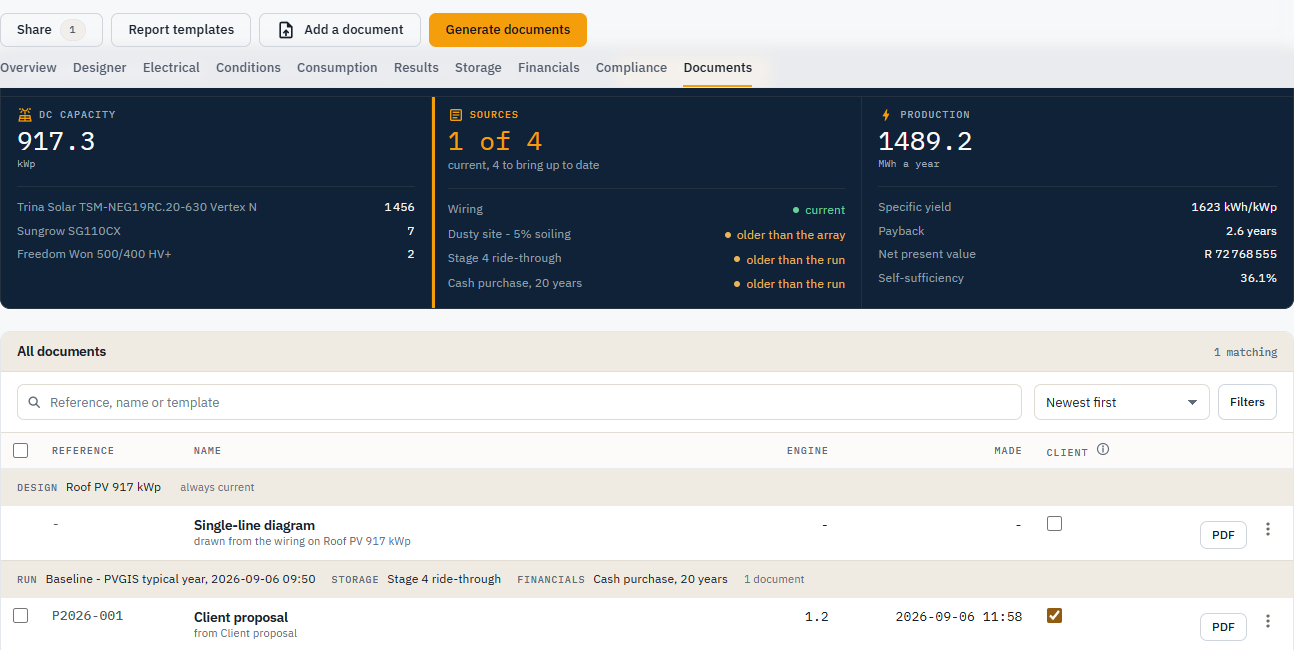 Documents page with source readiness and Generate documents