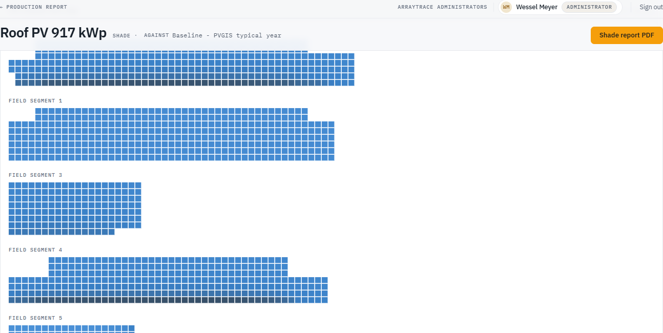 Shade report per-module heat map, one module grid per field segment